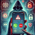 DALL·E 2024-12-06 06.50.30 – A detailed illustration representing phone scams and online fraud prevention. The image features a smartphone displaying a suspicious call notificatio